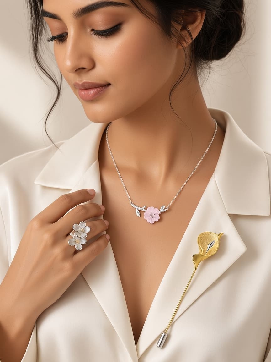 Indian model wearing pink flower necklace, calla lily brooch and floral ring