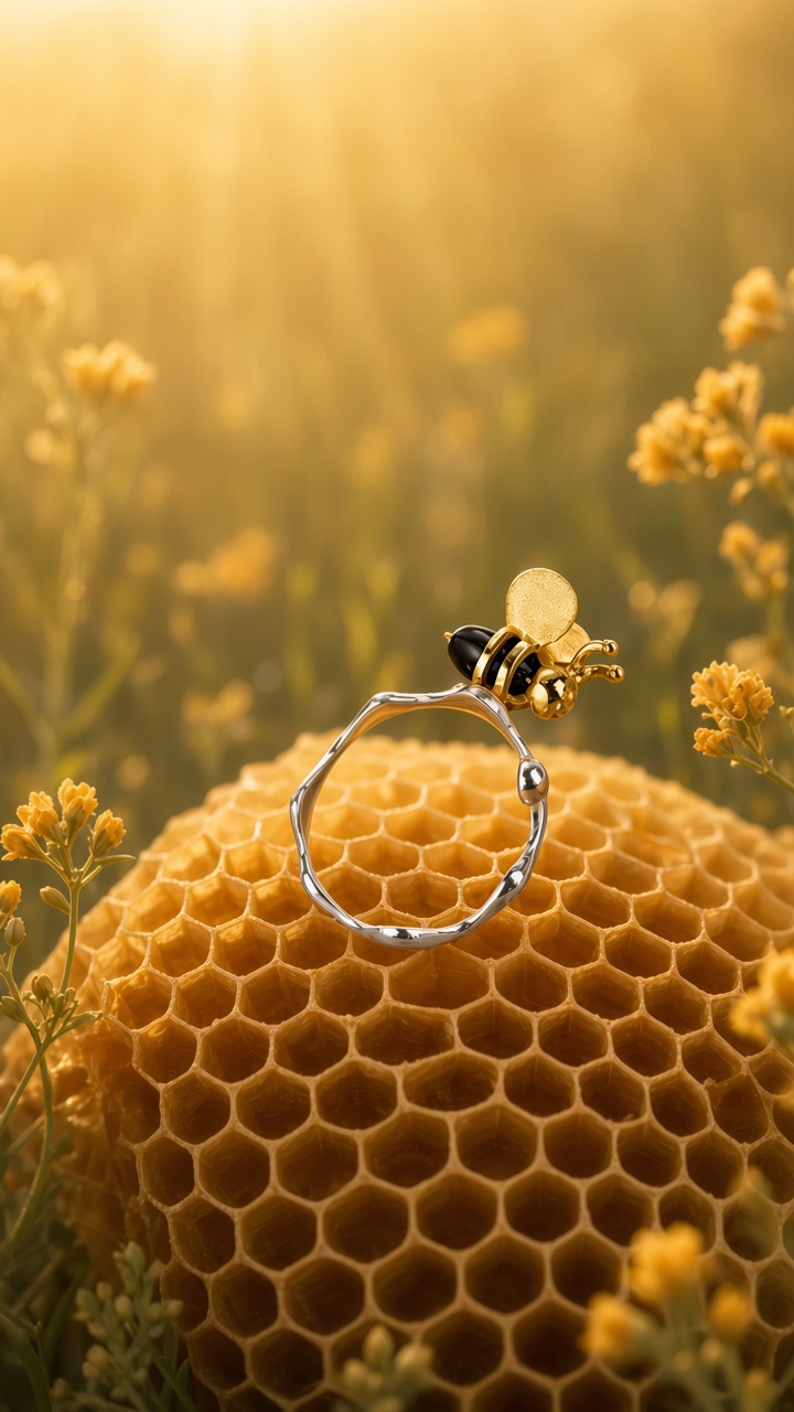 Honeybee ring on honeycomb among golden wildflowers