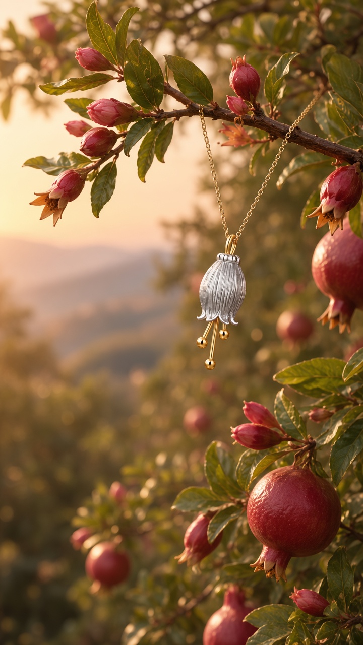 Pomegranate pendant necklace hanging from a fruiting branch at golden hour